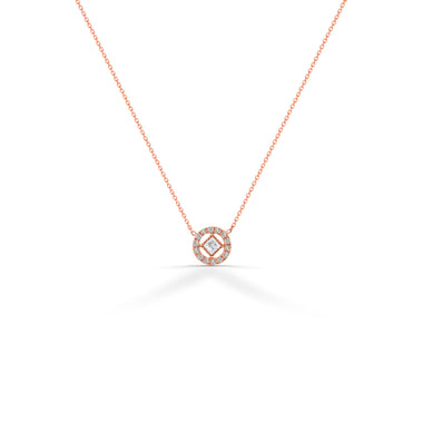 18K 14K 10K Solid Gold Princess Cut Halo Round Pendant Necklace