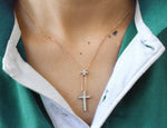 Lariat Diamond Cross Necklace in Rose, Yellow, and White Gold