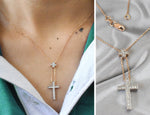 Lariat Diamond Cross Necklace in Rose, Yellow, and White Gold