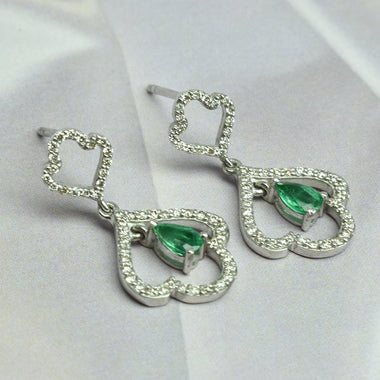 Emerald Earrings With Round Diamond In 18k Solid Gold / Emerald Drop Earring / Small Dangle Earring / Natural Emerald Earring / DE48 - Jewels By Tarry