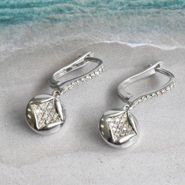 18k White Gold Diamond Post Earring Leverback Closure / Diamond Dangle Earrings Wedding Engagement / Delicate Half Hoop Earrings / DE49 - Jewels By Tarry