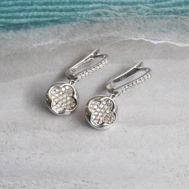 18k White Gold Diamond / Clover Post Earring Leverback Closure / Diamond Dangle Lucky Clover Bridal Earring / DE50 - Jewels By Tarry