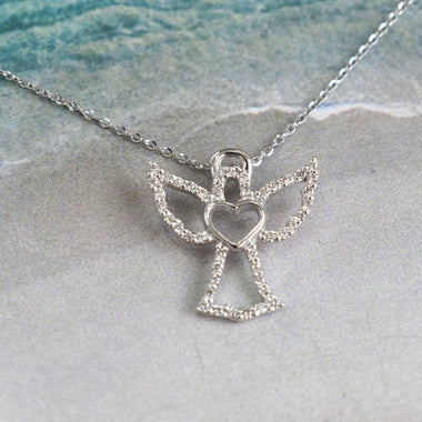 Diamond Heart Angel Charm Pendent Necklace
