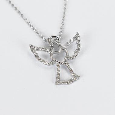 Diamond Heart Angel Charm Pendent Necklace