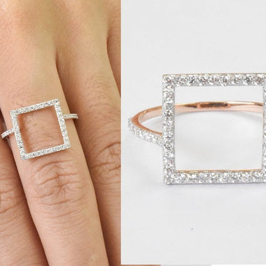 18K Rose gold / Size 6.75 / Square Gold Diamond Ring / Pave Diamond Ring / Minimal Ring / Round Cut Diamond |/Birthday Gift / NXDOJDR785 - Jewels By Tarry