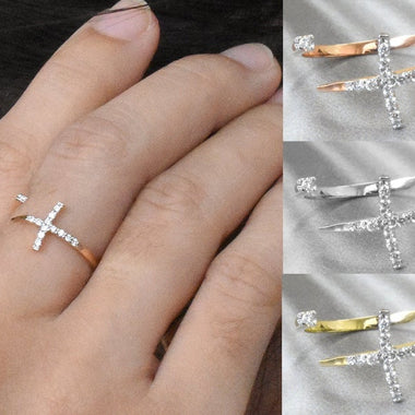 14K Yellow gold / Size 6.5 / Pave Diamond Cross Ring Open / Diamond Thin Stacking Ring / Unique Diamond Promise Ring Wedding / NXDOJDR821 - Jewels By Tarry