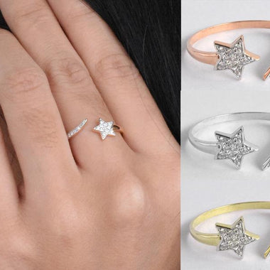 18K Yellow gold / Size 5.5 / Open Diamond Star Ring / Open Ring Band / Shooting Star Ring / Wedding Ring Promise Ring / NXDOJGD35/03 - Jewels By Tarry