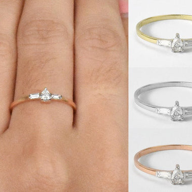 18K Rose gold / Size 7 / Pear Cut Diamond Ring / Baguette Diamond Ring / Engagement Ring Wedding Ring / NXDOJGD44/30 - Jewels By Tarry