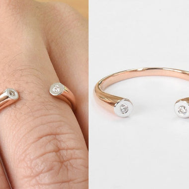18K Rose gold / Size 7 / Two Diamond Open Ring / Dual Diamond Cuff Ring / Round Diamond Stacking Ring Promise Stacking Ring / NXDOJGD20/10 - Jewels By Tarry