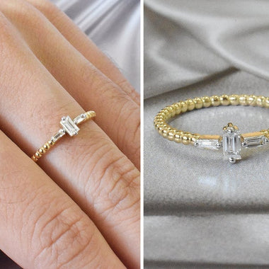 18K Yellow gold / Size 6.5 / Baguette Diamond Ring / Engagement Ring / Thin Gold Ring / Stackable Ring / Three Baguette Ring / NXDOJDR829 - Jewels By Tarry