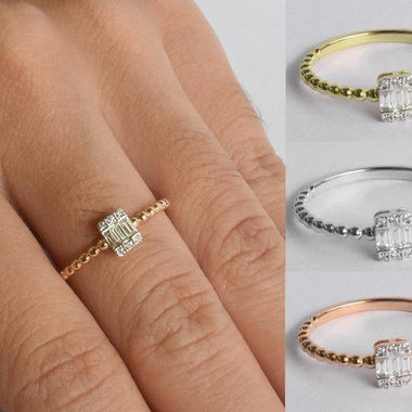 18K Rose gold / Size 7 / Baguette Diamond Ring / Square Diamond Ring / Classic Ring / Beaded Band Ring Engagement Wedding Ring / NXDOJDR819 - Jewels By Tarry