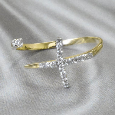 14K Yellow gold / Size 6.5 / Pave Diamond Cross Ring Open / Diamond Thin Stacking Ring / Unique Diamond Promise Ring Wedding / NXDOJDR821 - Jewels By Tarry