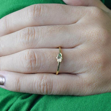 18K Yellow gold / Size 6.75 / Emerald Hamsa Hand Ring / Gold Ring / Delicate Stacking Ring / Protection Good Luck Ring / NXDOJDR977/01 - Jewels By Tarry