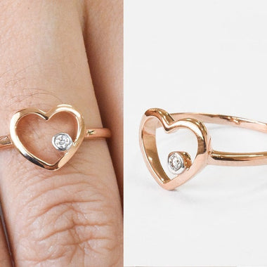 18K Yellow gold / Size 6.75 / Diamond Heart Ring / Diamond Promise Ring / Minimal Heart Ring / Thin Gold Ring / NXDOJGD20/14 - Jewels By Tarry