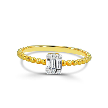 Classic 0.10 Ct Baguette Diamond Ring in Yellow Gold with bead ball band 