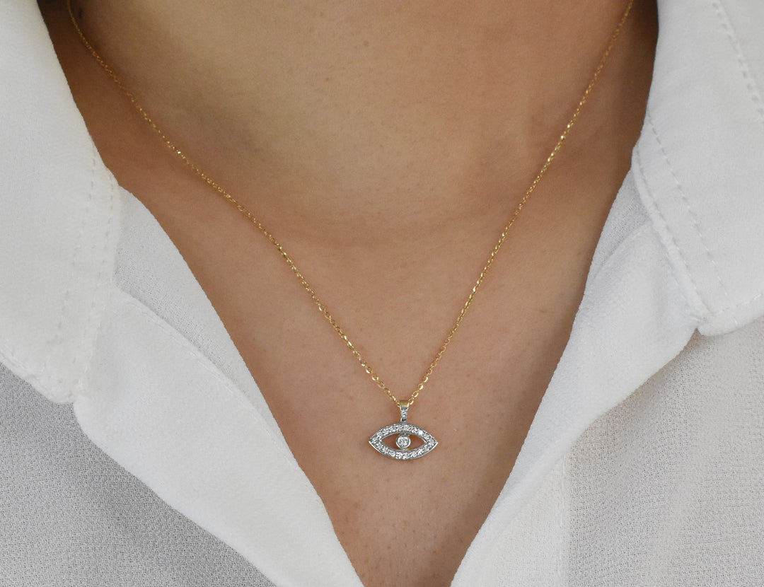 Diamond Bezel Evil Eye Necklace in Yellow, Rose or White Gold