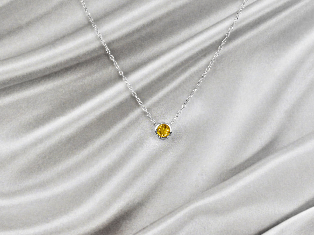 Natural Yellow Sapphire Necklace, 5mm Round Gemstone Necklace, 14k Sol