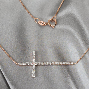 Sideway Diamond Cross Necklace in White Gold, Yellow Gold or Rose Gold