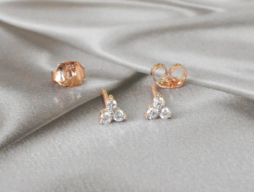 14K Gold Prong Setting Diamond Trio Tiny Stud Earrings 14K Gold