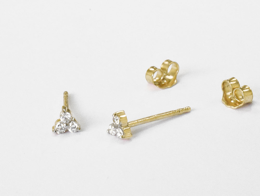 14K Gold Prong Setting Diamond Trio Tiny Stud Earrings 14K Rose Gold