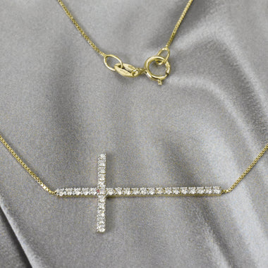 Sideway Diamond Cross Necklace in White Gold, Yellow Gold or Rose Gold