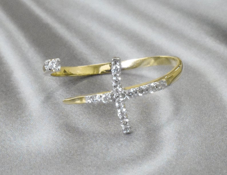 14k Solid Gold Pave Cross Engagement Ring Dainty Cross Ring 