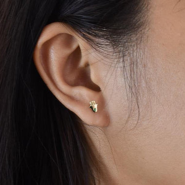 18K Yellow gold / Tiny Hamsa Hand Earrings / Genuine Emerald One Stone Earrings / Delicate Sold Gold Everyday Minimalist / NXDOJDE825/01 - Jewels By Tarry