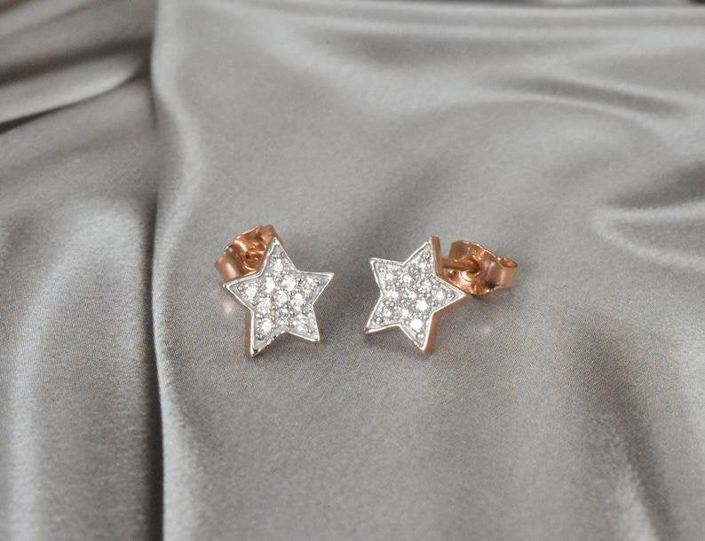 18K Rose gold Tiny Diamond Star Stud Earrings Cluster Diamond